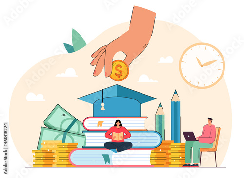Tiny students sitting near books getting university degree and paying money. Education business flat vector illustration. College scholarship, finance system, school fee, economy, student loan concept