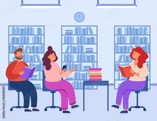 Group of college students or adults reading books in library. People sitting on chairs in classroom and discussing books together flat vector illustration. Education, book club concept for banner