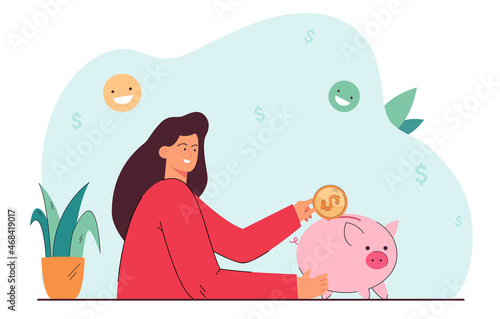 Smiling woman putting dollar coin in piggy bank. Mother saving money for family flat vector illustration. Family budget, savings, investment concept for banner, website design or landing web page