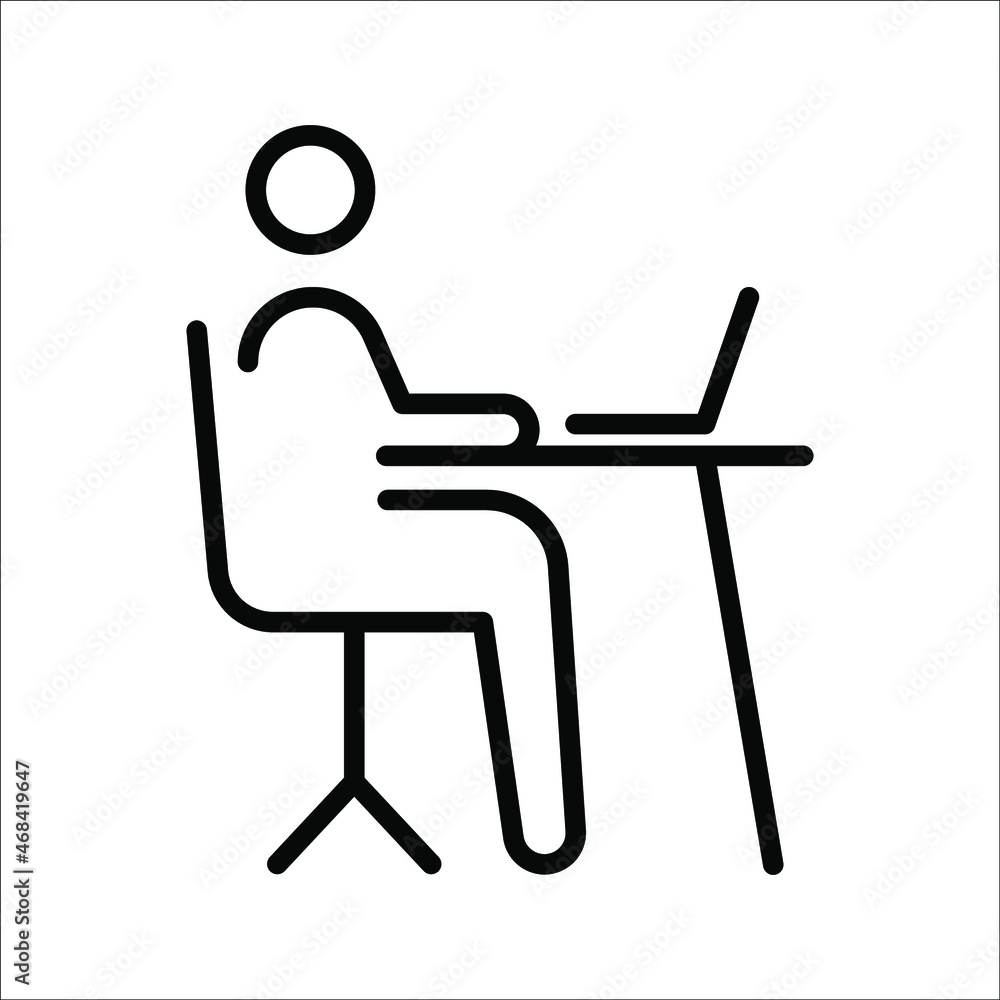 Fototapeta premium Remote Work. Line Symbol Worker Man at the Desk Designer-Freelancer. Icon in Outline Style From the Set Icons of Coworking and Workplace or Workspace. Custom Vector Pictogram Editable Stroke.