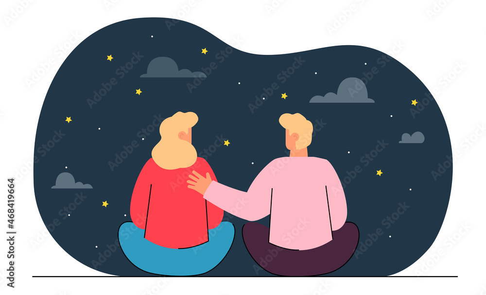 Male and female characters looking at stars at night. Couple during romantic date observing night sky flat vector illustration. Relationship, love concept for banner, website design, landing web page Male and female characters looking at stars at night. Couple during romantic date observing night sky flat vector illustration. Relationship, love concept for banner, website design, landing web page