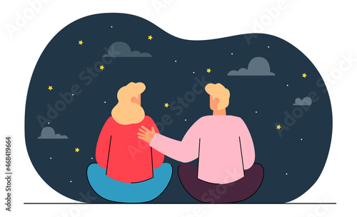 Male and female characters looking at stars at night. Couple during romantic date observing night sky flat vector illustration. Relationship, love concept for banner, website design, landing web page
