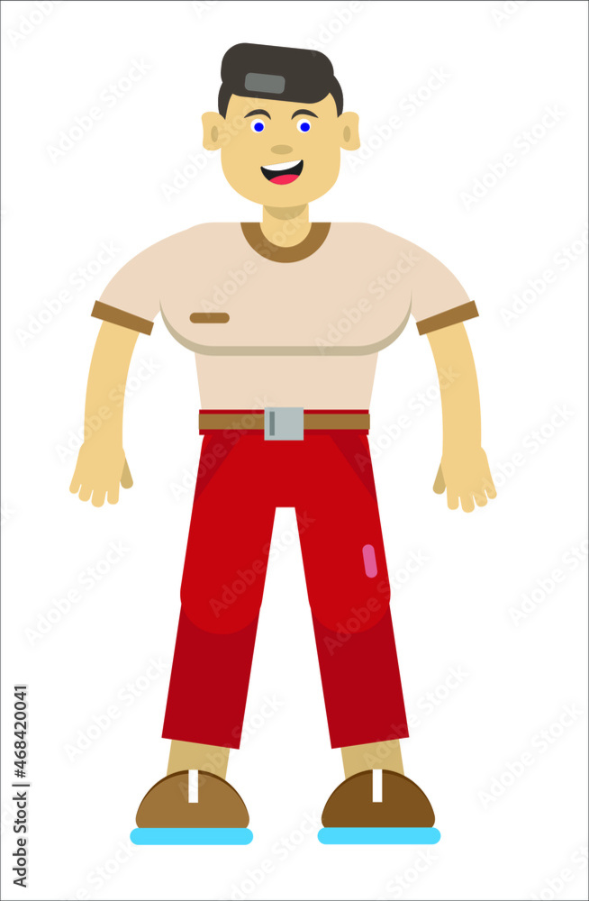 A simple vector illustration of a flat young friendly looking man talking. Confident smiling boy wearing beige t-shirt and red trendy jeans. Handsome masculine guy walking. Brother, father or uncle . A simple vector illustration of a flat young friendly looking man talking. Confident smiling boy wearing beige t-shirt and red trendy jeans. Handsome masculine guy walking. Brother, father or uncle .