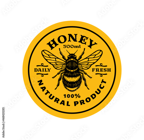 Local Honey Bee Label Template. Abstract Vector Sticker or Packaging Design Layout in circle shape.