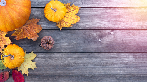 Background of autumn theme. Pumpkins, fallen leaves, and pine cone on wooden boards. 