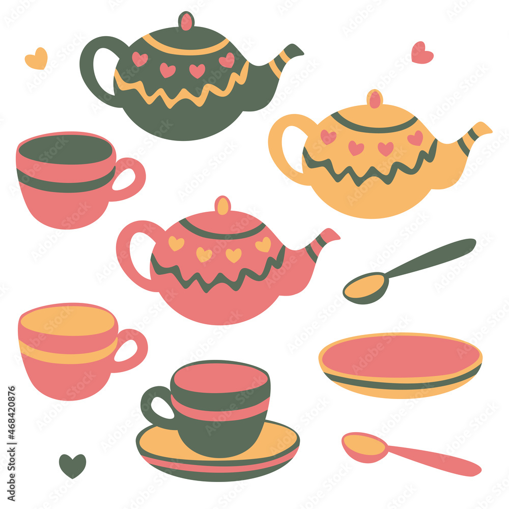 Vector illustration with collection of crockery for tea drinking. Isolated on white background.