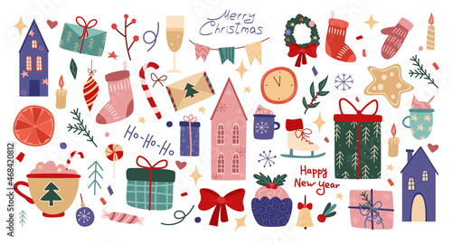Vector set of Christmas elements. Twigs, sweets, clothes, cute houses and gift boxes. Hand-drawn in cartoon style