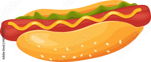 Hot dog with ketchup and mustard sauce. Vector hot dog with sausage and sauce mustard, fast food with ketchup illustration design photo