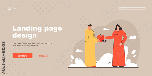 Man offering woman apple vector illustration. Female character receiving red ripe fruit. Worm looking at them. Forbidden fruit concept for banner, website design or landing web page