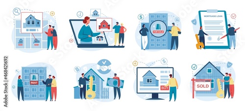 Home mortgage loan, real estate listings, house for sale. People search for apartment to rent, buying residential property concept vector set. Couple choosing house online, man giving payment