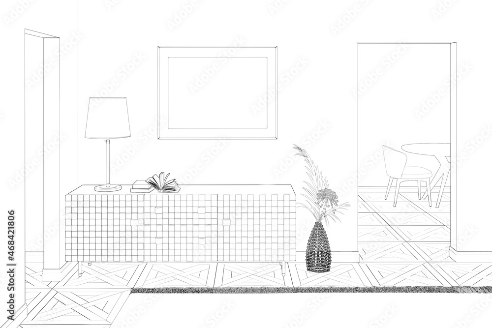 Fototapeta premium Sketch of the hallway with a horizontal poster above a dresser between two doorways, dried flowers in an openwork vase, a carpet on a parquet floor, a table, and a chair in the background. 3d render