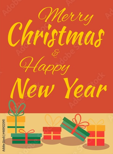Boxes with gifts on a festive  bright  orange-yellow background. Lettering Merry Christmas and Happy New Year. Can be used for congratulations