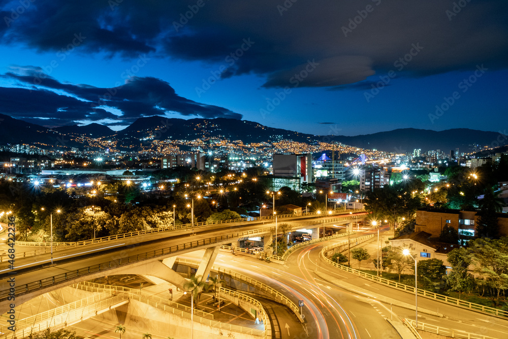 Medellin, Antioquia, Colombia. June 2019: Aguacatala Bridge at night with long exposure.