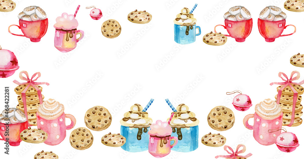 Horizontal Banner for Social Networks Christmas Sweets and Drinks Cookies Cocoa Coffee Watercolor By Hand