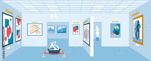 Empty art gallery interior, modern museum exhibition room. Abstract paintings, sculptures or exhibits in museums hall vector illustration. Studio with showpieces and artworks hanging on walls photo