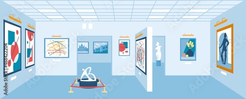 Empty art gallery interior, modern museum exhibition room. Abstract paintings, sculptures or exhibits in museums hall vector illustration. Studio with showpieces and artworks hanging on walls