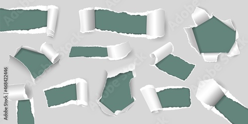 Holes in paper, bursting hole page gap with torn edge. Realistic ripped papers sheet corner, ragged white pages, rip out strips vector set. Teared and curled parts and peeling elements