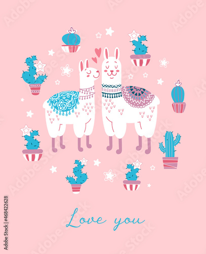 Cute vector illustration for valentines day. Animalistic concept Couple of lovers. Hearts, llamas, lettering. Love you. For postcards, posters, printing on clothes. In a flat style