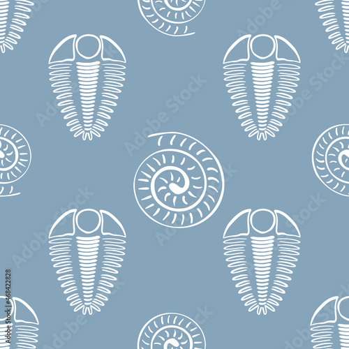 Ammonite trilobite vector seamless pattern background. Hand drawn spiral-form shell cephalopod and arthropod ribbed fossils. Blue white backdrop.Extinct marine predators. Repeat for education photo