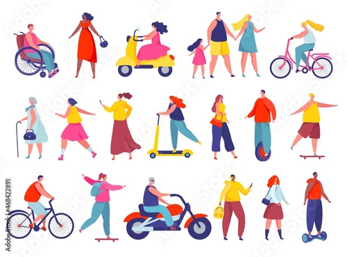 People walking on city street, running or riding bicycle. Active characters on skateboard and scooter, summer outdoor activities vector set. Young man and woman on hoverboard, electric unicycle