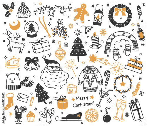 New year celebration doodles, christmas hand drawn elements. Garland, santa, xmas party decorations, winter holidays doodle drawing vector set. Glasses with champagne, sweater with reindeer