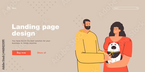 Man presenting dog to woman. Female character holding happy puppy. Bearded male character giving dog with red ribbon to his sweetheart. Love concept for banner, website design or landing web page © PCH.Vector