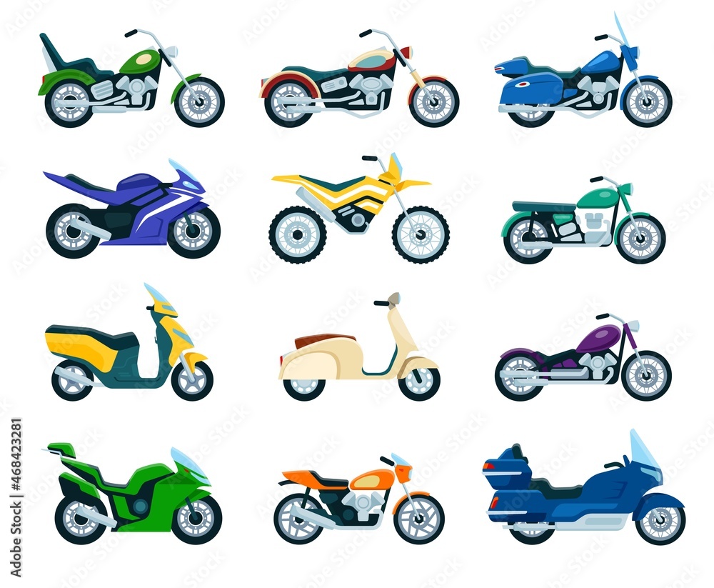 Motorcycles, motorbike, delivery scooter, chopper flat icon. Vintage motorcycle, side view different types of motorbiking vehicles vector set. Various transport models for speed racing