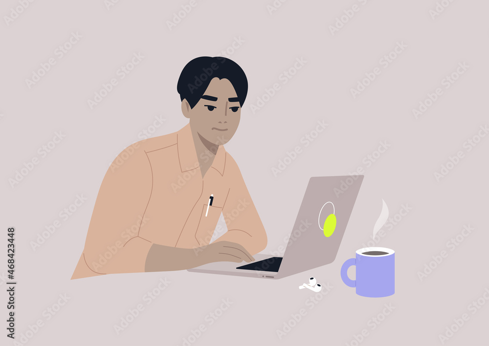 A young male Asian character focused on their work, a workplace scene, daily routine A young male Asian character focused on their work, a workplace scene, daily routine