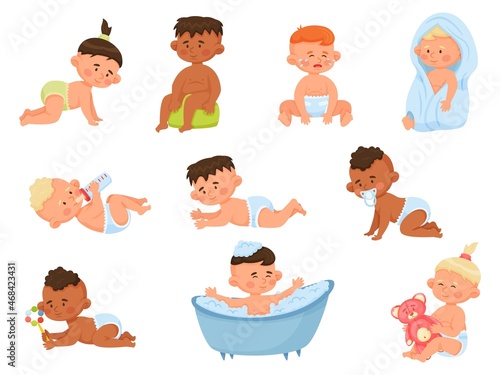 Cartoon babies, infants or toddlers, cute little baby boys and girls. Happy newborn crying, toddler bathing or playing with toys vector set. Child drinking milk from bottle and crawling