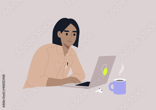 A young female character focused on their work, a workplace scene, daily routine