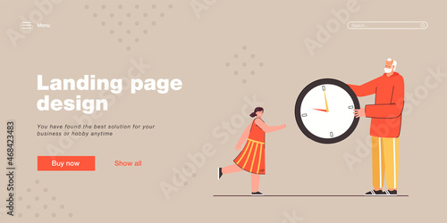 Grandfather and little girl holding giant watch together. Flat vector illustration. Tiny cartoon old man giving huge clock little girl in dress. Time, generation, family concept for banner design