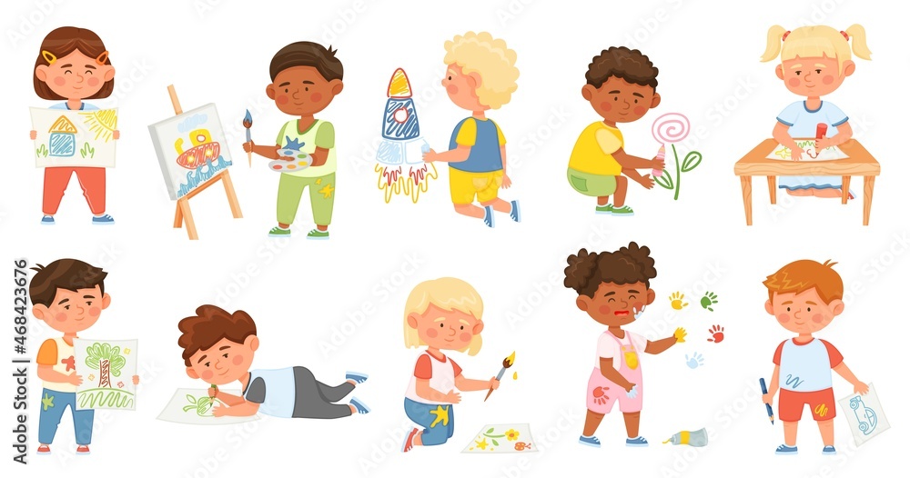 Kids drawing pictures on wall or paper, artistic children painting. Cartoon young artists, boys and girls with creative art hobby vector set. Preschool activity, cute characters with brush, pencil Kids drawing pictures on wall or paper, artistic children painting. Cartoon young artists, boys and girls with creative art hobby vector set. Preschool activity, cute characters with brush, pencil