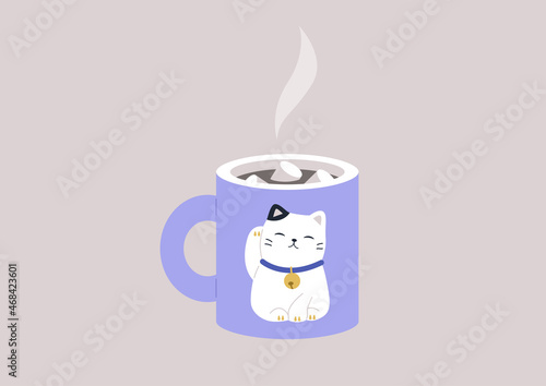 A cup of hot chocolate with marshmallows, a lucky cat maneki neko mug, kawaii style