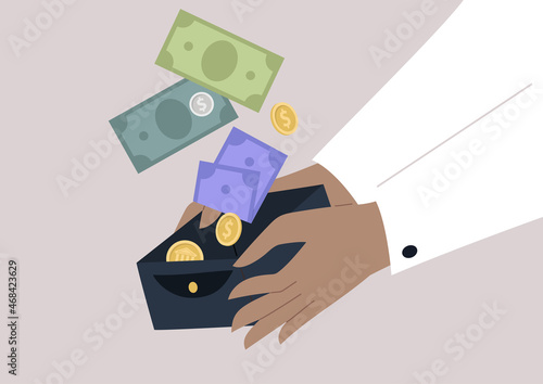 Money rain, hands holding a wallet with paper currency and metal coins