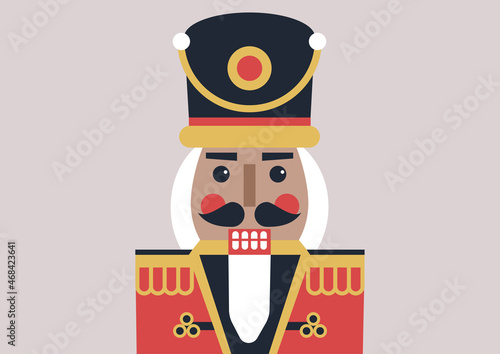 A close up portrait of a wooden Nutcracker figurine wearing a vintage military uniform, Christmas decoration