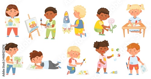 Kids drawing pictures on wall or paper, artistic children painting. Cartoon young artists, boys and girls with creative art hobby vector set. Preschool activity, cute characters with brush, pencil