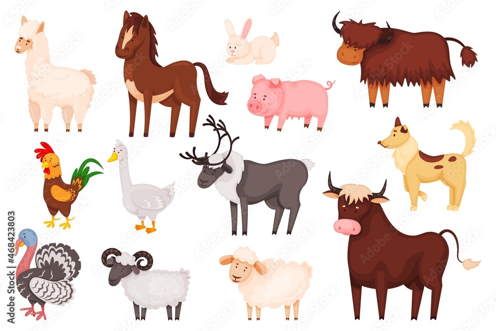 Cartoon farm animals and birds, cute domestic animal characters. Sheep, goat, pig, rabbit, dog, horse, turkey, livestock farming vector set. Wild fauna, isolated bison, deer and bull