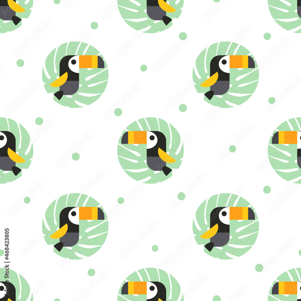 Seamless polka dot pattern with cartoon toucans. Vector tropical print.