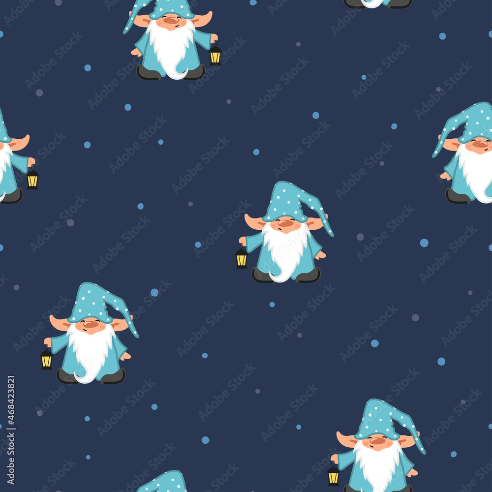 Seamless night Christmas pattern with cute cartoon dwarf. Baby print. Seamless night Christmas pattern with cute cartoon dwarf. Baby print.