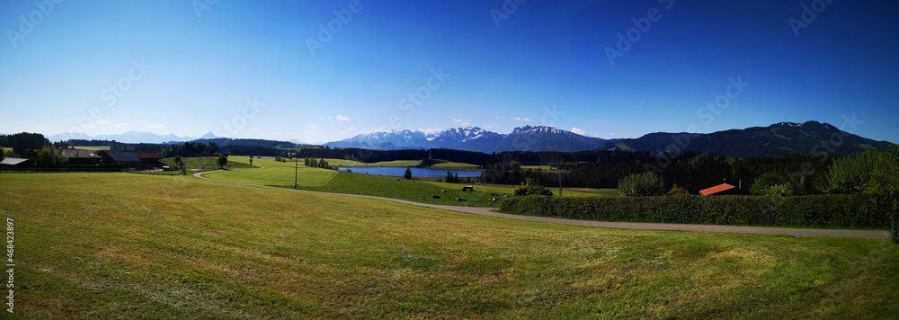 Ostallgäupanorama mit Attlesee, Säuling und Tegelberg im Sommer bei blauem Himmel