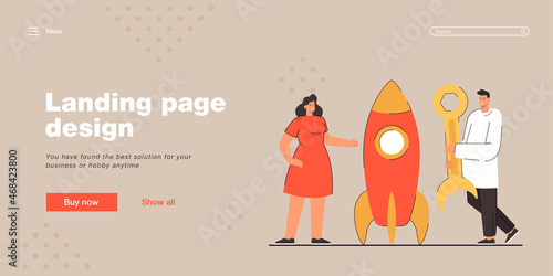 Man and woman constructing rocket with tool. Flat vector illustration. Girl standing near space vehicle and man holding dog hook. Space transport, design, technology concept for banner design