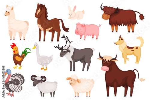 Cartoon farm animals and birds  cute domestic animal characters. Sheep  goat  pig  rabbit  dog  horse  turkey  livestock farming vector set. Wild fauna  isolated bison  deer and bull