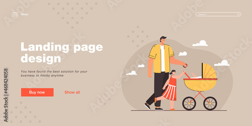 Father walking with his children. Flat vector illustration. Cartoon man with daughter and carriage with little baby inside spending time outdoors. Family, fatherhood, nature concept for banner design