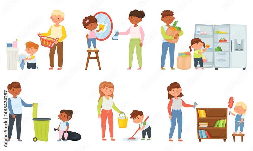 Cartoon children helping with housework, parents with kids cleaning house. Family doing laundry, mopping floor, taking out garbage vector set. Boys and girls having domestic responsibilities