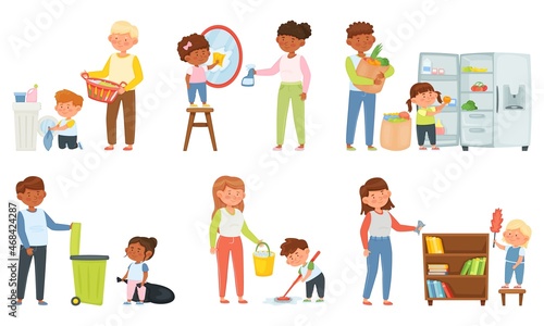 Fototapeta Naklejka Na Ścianę i Meble -  Cartoon children helping with housework, parents with kids cleaning house. Family doing laundry, mopping floor, taking out garbage vector set. Boys and girls having domestic responsibilities