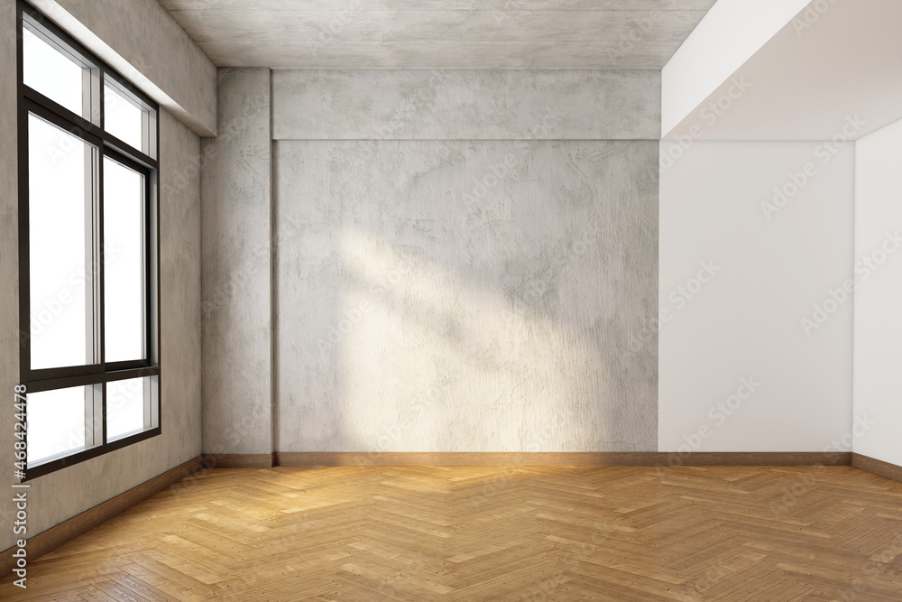 Obraz premium Loft empty room with bare cement wall and pattern wood floor. 3d rendering