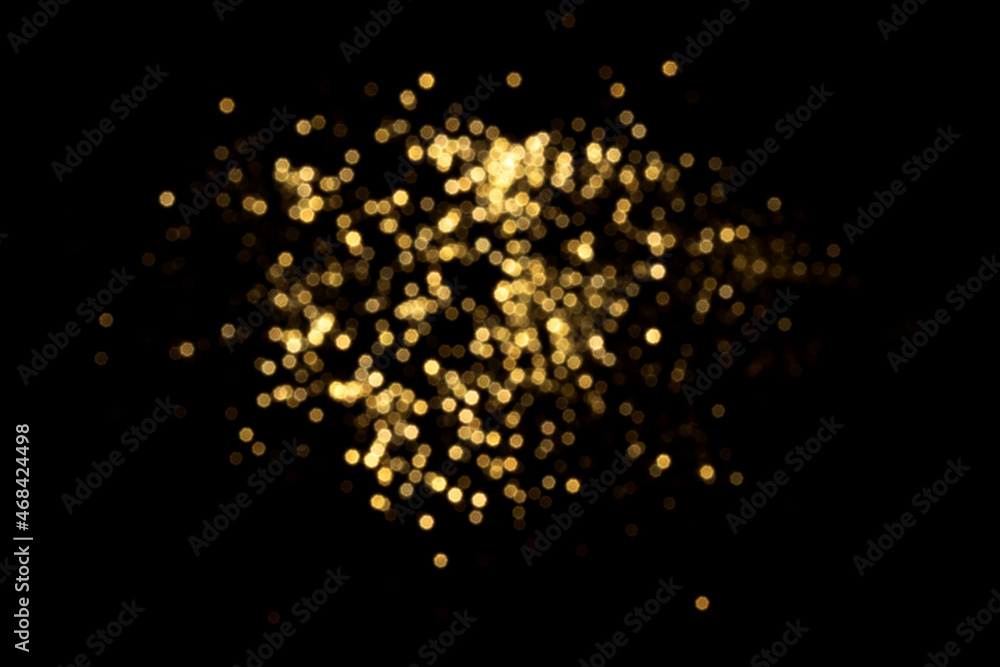 Golden blurred bokeh lights on black background. Glitter sparkle stars for celebrate. Overlay for your design Golden blurred bokeh lights on black background. Glitter sparkle stars for celebrate. Overlay for your design