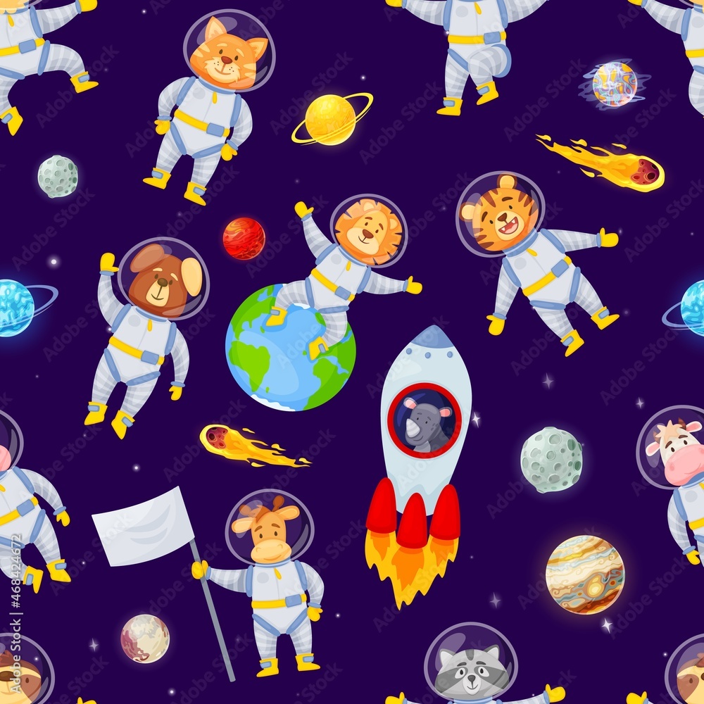 Cartoon animal astronauts flying in space with planets seamless pattern.  Cute astronaut animals, sloth, lion, fox, childish vector texture.  Characters traveling in rocket among falling comets Stock Vector | Adobe  Stock