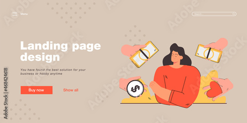 Woman choosing between love and money. Credit card, heart, wealth flat vector illustration. Relationship and happiness concept for banner, website design or landing web page