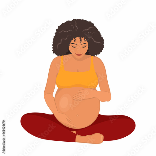Pregnant african american woman isolated on white background. Pregnancy, motherhood concept. Cartoon flat style. Vector illustration

